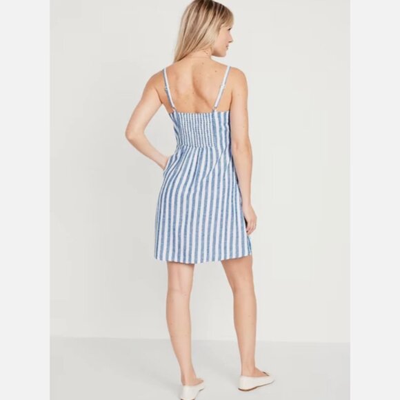 Old Navy White & Blue Striped Fit & Flare Linen-Blend Mini Dress L - Picture 3 of 8